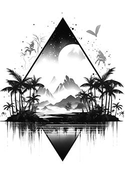 Tattoo template of a tropical scene with geometric elements and reflection.