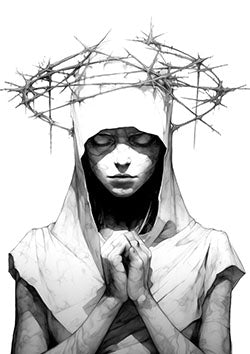 Tattoo template of a solemn figure in white cloak with a crown of thorns