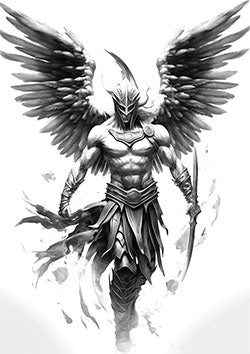 Tattoo template of a winged warrior with a spear