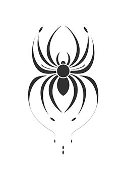 Tattoo template of a stylized black ink spider design with drop embellishments