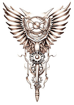 Tattoo template of a mechanical owl with wings and gears, steampunk design