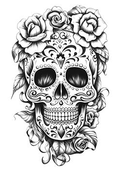 Tattoo template of a sugar skull with surrounding roses