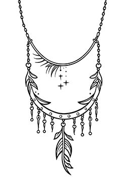 Tattoo template of a delicate dreamcatcher with feathers, chains, and stars