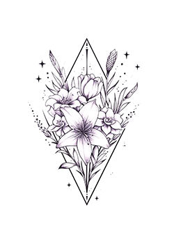 Tattoo template of a geometric frame with flowers and leaves in a celestial theme