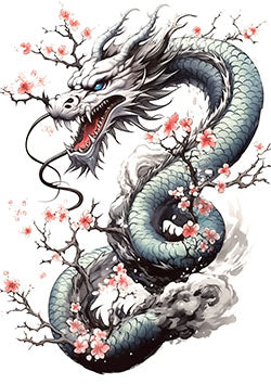 Tattoo template of a dragon with cherry blossoms