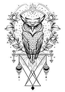 Tattoo template of a majestic owl with roses and geometric elements