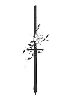 Tattoo template of a sword entwined with flowers