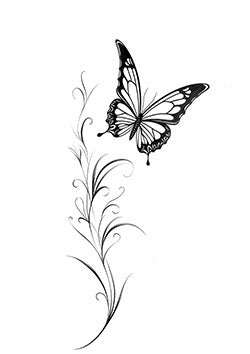 Tattoo template of a butterfly on swirling vines depicting transformation and tranquility.