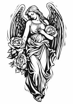 Tattoo template of an angel holding a rose with elaborate wings