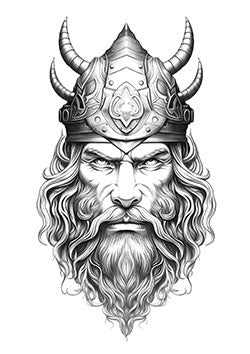 Tattoo template of a fierce Viking warrior with a detailed horned helmet and majestic beard, exuding strength and determination