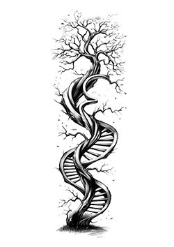 Tattoo template of a DNA helix transforming into a tree symbolizing growth and evolution.