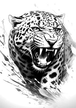 Tattoo template of a leopard baring its teeth in mid-roar, exuding ferocity in black-and-white detail.