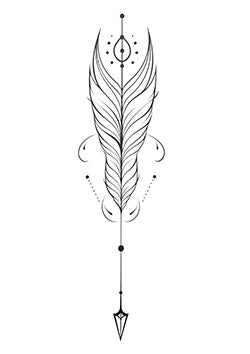 Tattoo template of a geometric feather with intricate details and adornments