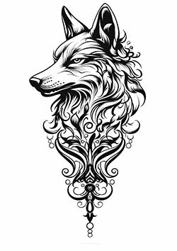 Tattoo template of a stylized wolf head with decorative ornaments