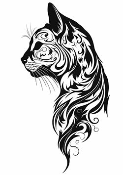 Tattoo template of a stylized cat face with tribal swirl patterns