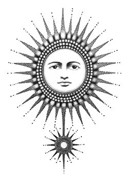 Tattoo template of a stylized sun with a human face and radiant beams