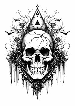 Tattoo template of a skull with mystical symbols surrounded by nature elements