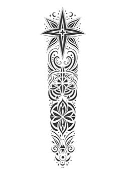 Tattoo template of a symmetrical Maori-inspired star with intricate patterns