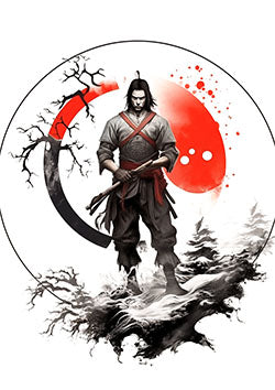 Tattoo template of a samurai with yin-yang background