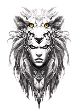 Tattoo template of a woman adorned with a lion's headdress and tribal markings