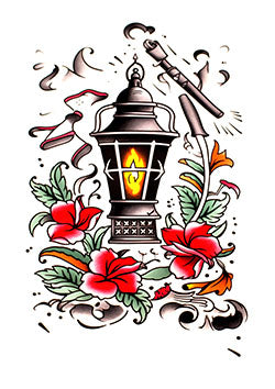 Tattoo template of a lantern with red flowers and warm glow