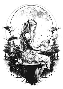 Tattoo template of a woman with alchemy elements under a full moon