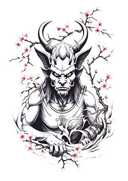 Tattoo template of a formidable horned beast amidst cherry blossoms