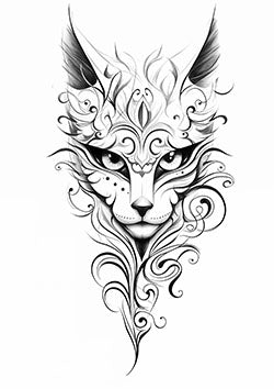 Tattoo template of a detailed feline face with flowing ornamental designs exuding mystery and elegance