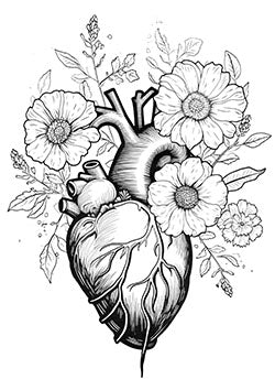 Tattoo template of a human heart with flowers