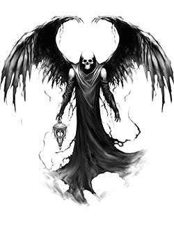 Tattoo template of a grim reaper with tattered wings holding a lantern symbolizing the path to the afterlife