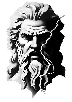 Tattoo template of a Zeus with lightning cracking through his face, showcasing rage and divine power.