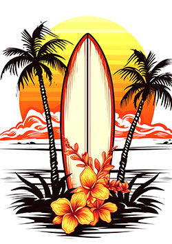 Tattoo template of a surfboard with palm trees and flowers against a sunset backdrop