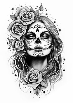 Tattoo template of a detailed sugar skull woman with roses, capturing beauty and mystique.