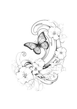 Tattoo template of a butterfly over flowers with elegant swirling lines