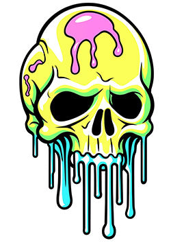 Tattoo template of a neon skull with dripping, melting colors and a surreal aesthetic.