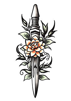 Tattoo template of a dagger with leaves and a flower.