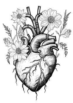 Tattoo template of a heart and flowers combination