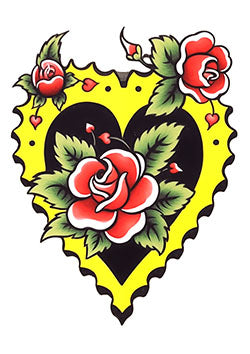 Tattoo template of a colorful heart with red roses and green leaves