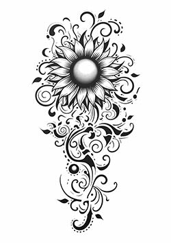 Tattoo template of a sunflower with moon detail and ornate swirls