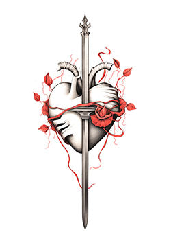 Tattoo template of a heart wrapped in vines, pierced by a sword, symbolizing love and valor