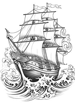 Tattoo template of a detailed ship on the ocean