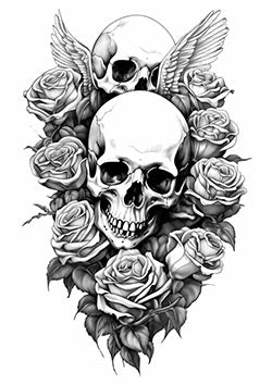 Tattoo template of a skull surrounded by roses and wings