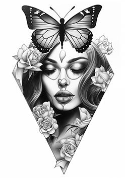 Tattoo template of a woman with a butterfly and roses