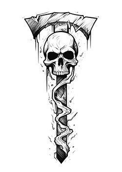 Tattoo template of a skull on a broken battle axe entwined by a serpent