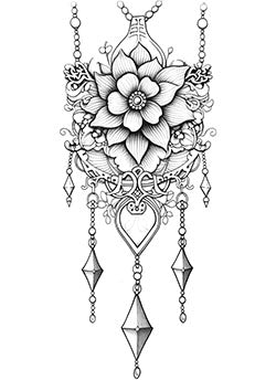 Tattoo template of an ornate floral design with a blooming flower and geometric hanging charms