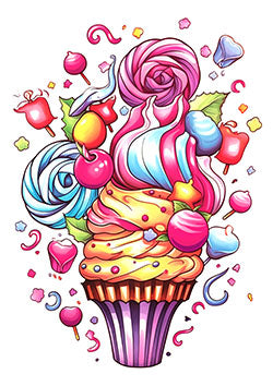 Tattoo template of a colorful cupcake with swirling frosting and candies