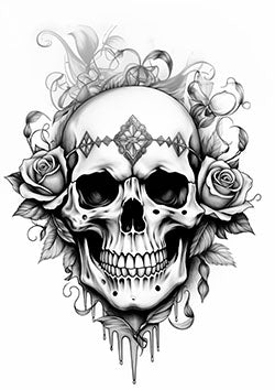 Tattoo template of a skull with ornate floral designs, symbolizing life and death