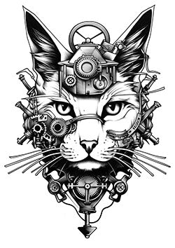 Tattoo template of a cat with steampunk machinery and gears