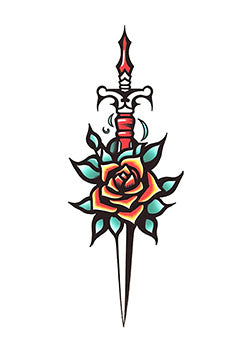 Tattoo template of a dagger piercing a rose with colorful green leaves and a red hilt.