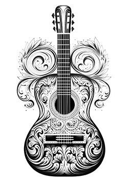 Tattoo template of an ornate guitar with floral patterns